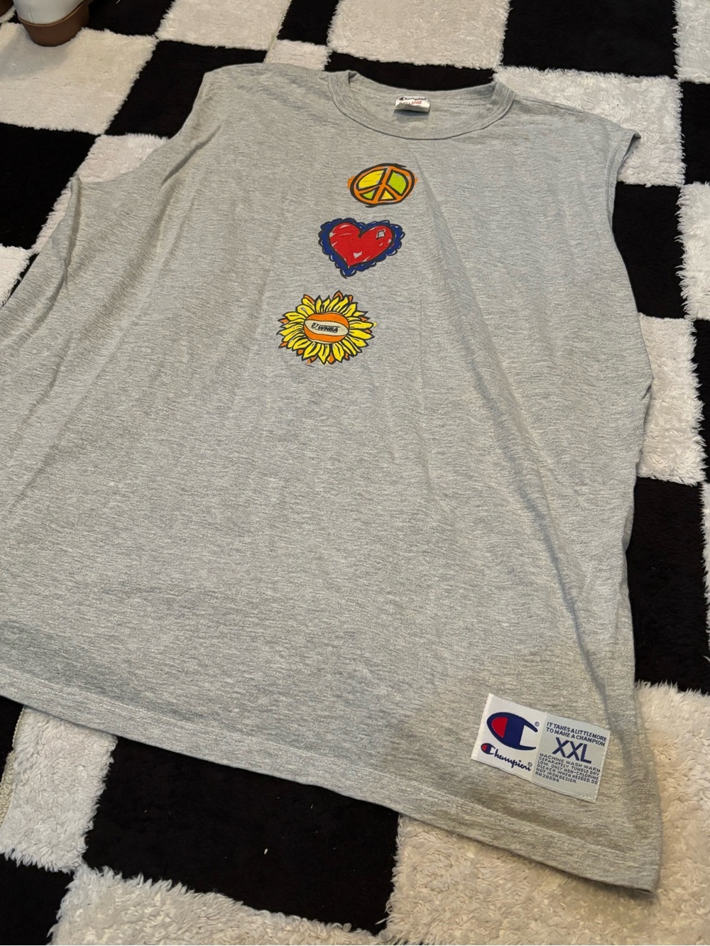 Champion Grey Tank Top with Yellow Sunflower, Red Heart & Orange Peace Graphic